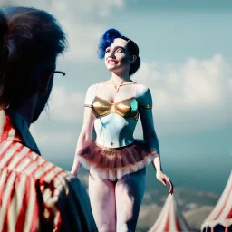 Ultra realistic circus scene. Sweet hair dancer man., night, smooth color, waist up view, Wes Anderson style, happy, bubbles, butterflys, dark ambient, highly detailed, concept art, unreal engine 5, god rays, ray tracing, RTX, lumen lighting, ultra detail, volumetric lighting, 3d, finely drawn, high definition, high resolution.