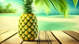 pineapple on a wooden table, tropical background, photorealistic