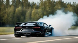 black tuned bugatti chiron drifting in the white smoke, rear view, cinematic, luxurious --chaos 80 --ar 16:9 --style raw --stylize 700