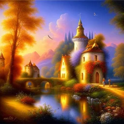 an ultradetailed painting of a popi village, castle, golden ratio, 8 k resolution, oil on canvas, landscape with Bright Colors, pop art