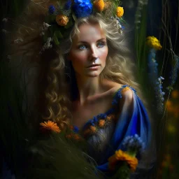 captivating conceptual portrait featuring a Swedish woman with cascading, ethereal hair and an enchanting aura. Her flowing gown is adorned with a diverse array of wildflowers, including Fireweed, Linden flower, Meadow sweet, Cornflower, St. John's wort, Stinging nettle, and Peppermint plant. Her delicate hand tenderly touches a mystical blackbird