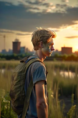 A profile photo of a handsome fifteen year old boy wearing an old backpack standing in a field with an abandoned city skyline on the horizon, short blond hair, wearing a sweat-stained tank top and torn shorts, sunset, tall grass, bright colours, lonely landscape, cinematic photography, high resolution, high quality, highly detailed.