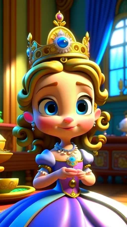 "Come one, come all," Princess Penelope cried, To the royal abode, where joy would reside. In her hand, a secret, a gift pure and sweet, Tea cups of wonder, a surprise hard to beat.cartoon,3D