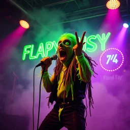 An "FLAPYPUSY" performing at dance club, his name is "FLAPYPUSY" and looks crazy, and green slime on stage, Neon lights and smog, "FLAPYPUSY" SIGN ON WALL