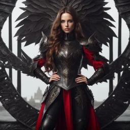 young woman with long brown hair, arrogant red eyes, wearing black leather fantasy armor, detailed, 4k resolution, hd