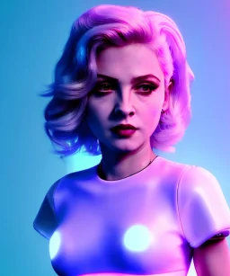 Artist, young madonna, android woman, sweet, blonde, white skin, long eyeliner, contour make-up, color leds lights, short hair, circuits, cyberpunk, latex coat, feather, cyber punk, neon, cables, portrait, studio photo, unreal engine 5, soft color, 16 bit, god lights, ray tracing, RTX, lumen lighting, ultra deatail, volumetric lighting, 3d, finely drawn, hd.