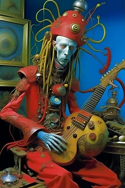 photo by tim walker : loan-blend human-alien biomorphic-animals squid indefinite head extreme wide shot head to toe portrait of weird krofft pufnstuff puppet voodoo cutie sitar player king human nervous systems, renaissance faire alex grey hyper detailed michael cheval with a playful expression made out of mechanical parts and robot arms; cyborg details, unusual and obscure photograph by františek vobecký of a surreal scene of ghastly men, pop art, clive barker style, 300mm f/.8, raw cinematic p