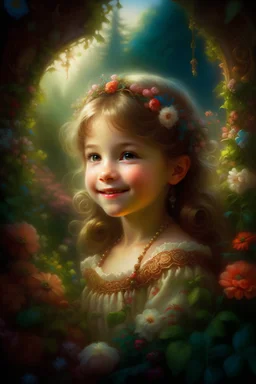 In the style of Gustav Dora, a sweet girl, flowers, kind smiles, very cute and beautiful. wonderland, cute, mystical, fantasy, complex background, backlight, highly detailed filigree, the best quality. Mysterious. Thomas Kincaid