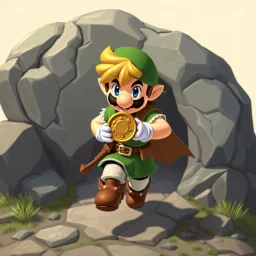 Male Fantasy RPG character, chaabi kawaii mario proportions, lord of the rings inspiration, with a coin held out in front, in a bounding run out from behind a large rock), 3/4 view, isometric game
