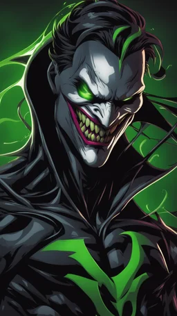 A very close picture to Mix between the joker and venom symbiote in symbiote shadow art style with neon green details