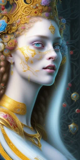 ultradetailed beautiful portrait painting of love Aphordite with long flowing red hair and sharp piercing gaze of blue eyes, smiling lip, sweet smile, alluring beauty, wearing jade jewels, roses, ultra ornate, gold leaf deatils, wearing white dress, by conrad roset, greg rutkowski and artgerm, trending on artstation