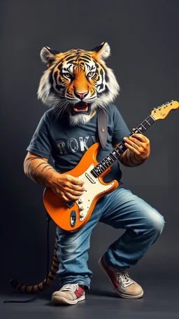 A tiger wearing jeans and tee shirt written on it “ Rocky” wearing playing an electrical guitar