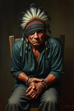 A native Indian , they but a fabric on his eye so he can not see and his arms are Handcuffed. looks miserable with bruises on his face like he has been beating sitting on a broken chair in a prison with dem light and dark prison environments , Busch painting style , sureal