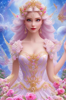 Magnifique woman, lady fairy, facing happy, voluptuous white, pink enchanted flowers, wings magic, long big dress, pink outerspace stars planets, Beautyful smiling, young woman, long hair amazing blue eyes, flowers, happy cosmic, bright colors, blue, pink, gold, jewels, realistic, photo real, clear sunny background, highly detailed, high contrast, 8k high definition, unreal engine 5, extremely sharp detail, light effect, sunny light background