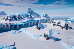 Extreme long shot, Birds Eye view, Antarctica skyline, smooth, god rays, unreal engine 5, ray tracing, RTX, lumen lighting, ultra detail, volumetric lighting