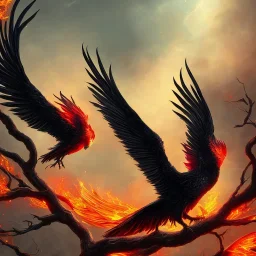 a detailed illustration of a black and red phoenix sitting on a branch of a tree, phoenix wallpaper, luminescent body, glinting wings, full body, symmetrical body, realistic, glowing wings, sharp focus, meticulously detailed, soft evening sky, 64k