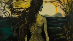 An abstract painting inspired by the iconic landscape style of Charles-François Daubigny The image you share has a surreal aesthetic with several symbolic and enigmatic elements. In the center, there is a human figure seen from behind, with her hair braided in an intricate style. His torso is bare and notably has a small box embedded in his lower back, which is a surreal element that could symbolize secrets or hidden emotions. Around this figure are several strange objects: on the left, a yello