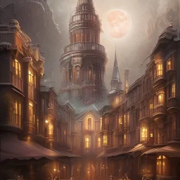 A stylized cityscape with a full moon in the background, Modern and minimalist, water paint effect, hyper realistic with intricate details, use muted shades
