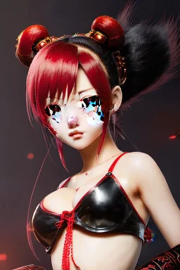 Detailed cute anime Kunoichi girl with dragon tail, blood red hair buns, bangs, black latex bodysuit, intricate details, full body portrait, keep head in frame, slight smile, black Japanese motif, concept art, highly detailed, digital painting, concept art, sharp focus, illustration, art by Yoji Shinkawa, WLOP and greg rutkowski and alphonse mucha and artgerm and yanjun Chen and Junji ito and Makoto Shinkai, HDR, octane render