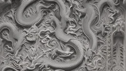 The flat walls of the chamber are decorated with shallow abstract carvings of dragons. A five-headed dragon, rising from an erupting volcano. Other dragons, which seem dwarfed by the five-headed monstrosity, flock to its side.