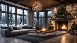 darkness,photoreal, christmas decoration in the big living room made of wood and glass elements , adorned with twinkling lights, in the living room,next to the fireplace,large windows with snowy firs outside,christmas decoration,lights off,cozy,calm,high-quality photograph,photorealistic, shot on Hasselblad h6d-400c, zeiss prime lens, bokeh like f/0.8, tilt-shift lens 8k, high detail, smooth render, unreal engine 5, cinema 4d, HDR, dust effect, vivid colors,night