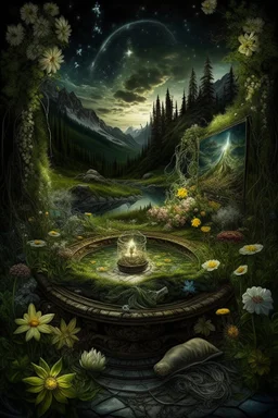 Hyperrealism against the background of a spring landscape in the forest +mirror with a tsunami whirlpool +mountains +ritual +candles+dried flowers+wildflowers+moss++decoupage of flowers+embroidery technique+braided beads+vine+moonlit night,fabulous landscape,surrealism,realism,naturalism,dot technique,microdetalization,high detail objects,digital illustration,volumetric clarity,dark fantasy,dark botanical, professional photo