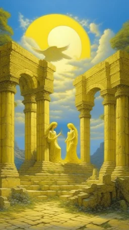 A light yellow heavenly ruins with angels painted by Frank Wilson