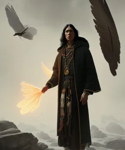 native american shaman, wise man, long black hair, black hooded coat like wings, 8k resolution concept art portrait by Greg Rutkowski