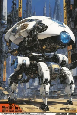 SNIFFIN’ GLUE magazine high res PHOTO COVER by Masamune Shirow:, special Future Droids, guest star: the Utility Spider Cyborg System. view in operation of this multi-legged, small self-propelled mechanical utility droid, equipped with the famous Shirow Bioroids' AI brain. Its function is to assist with small tasks: repair and maintenance, surveillance and alert of any potential threats, also is equipped with seburo J9 9mm with HV Shells and poseidon norinco inc muultipurpose guns