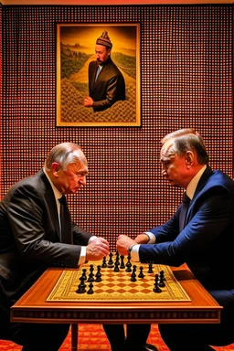 Vladimir Poutine playing chess with Zelinynski. A map of ukraine is burning on a wall