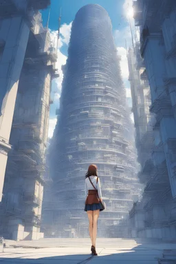 Adolfo Hohenstein, Toriko Chiya, Surreal, mysterious, bizarre, fantastical, fantasy, Sci-fi, Japanese anime, blueprint of the Tower of Babel, blueprint, perspective, perspective, cross-section, developed view, reaching all the way to the sky.A miniskirt beautiful girl researcher examines the blueprint, detailed masterpiece perfect voluminous body, detaile masterpiece