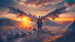 Human with dragon wings flying in the sky with people beneath walking and looking at him up, sunset background with hills, mountains and huts intricate details, shot on 64 megapixels Canon, DSLR camera