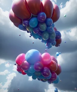 Ultra realistic clouds sky scene, wide angle, sweet childs falling down, free jumping flying, many trinkets, monster hair, hair monster, jelly beans, balls, smile, happy, circus style, inflatable color clothing, extreme, wind, clouds sea, 20,000 feet altitude, stratosphere, soft color, highly detailed, unreal engine 5, ray tracing, RTX, lumen lighting, ultra detail, volumetric lighting, 3d, finely drawn, high definition, high resolution.