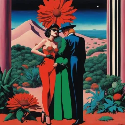 [art by Helmut newton and David Hockney] false east, nightmare embrace, pulp sci-fi, retro, dark sci-fi, hippie aesthetic, flower power, trippy colors, tarot, macabre, pin-up girls