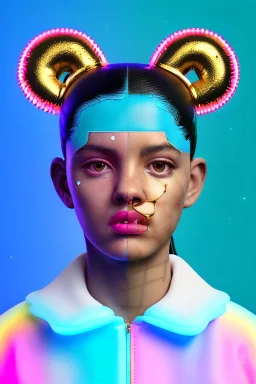 Rosalía artist, Ultra Realistic image, waist up portrait, perfect gold teeth, black eye line, sweet face, pigtails hair, spray line make up, geometric, gold, big rings piercing, led ornament, bubble latex coat, inflatable, cold, led lights, geometric, neon, pink, blue, gold, vibrant color, highly detailed, art stations, concept art, smooth, unreal engine 5, god rays, ray tracing, RTX, lumen lighting, ultra detail, volumetric lighting, 3d, finely drawn, high definition, high resolution.