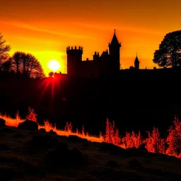 Silhouette of Czech castle ruins at sunset.