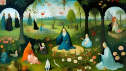 An high detailed oil painting by Hieronymus Bosch and Myazaki of people practicing yoga surrounded by blooming flowers and lush vegetation. Color palette from Kandinsky.