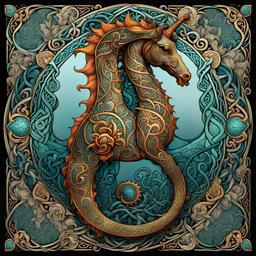 beautiful celtic sea horse I centered | symmetrical | key visual | intricate | highly detailed | iconic | precise lineart | vibrant and natural all round colors | comprehensive cinematic | alphonse mucha style illustration I very high resolution | sharp focus | poster | no watermarks I plain black background I image to fit within the square