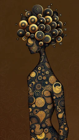 A digital artwork of a female figure adorned with intricate patterns and designs. The figure's body is covered in swirling lines, circles, and other abstract patterns in hues of mocha, navy and gold. Her head is uniquely decorated with a bouquet of spiraling, bubble-like structures. The background is a gradient , with abstract patterns that complement the figure's design. The overall ambiance of the image is dreamy and surreal.