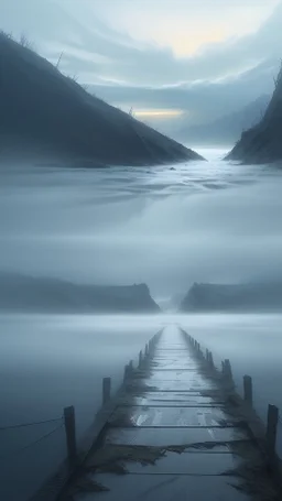 By Sergiо. Style by Greg Rudkowski. Thick white milky dense fog on a deserted beach with lonely bushes.flooded raged water . 2 women and a child In the stormy wether in the water a bridge is falling in the river Bruegel painting style, fine line draw