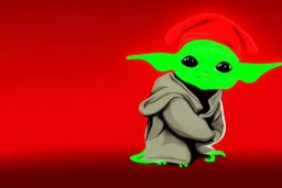 baby yoda wearing a red christmas hat . neon cyberpunk city backround