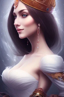 portrait lady wedding smiling with big bobs no top long hairs black quartz shield in fire