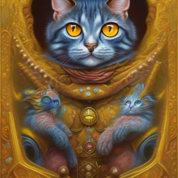 prompt, Fantasy harlequin cats by Louis Wain, by Catherine Abel, by Gediminas Pranckevicius, fantasy, oil on canvas, beautiful, high details, ultra detailed, crisp quality, colourful, high definition