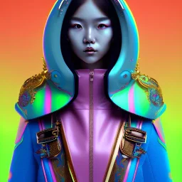 asian woman teenager, few freckles, gold teeth, padded coat, retro futuristic, latex dress, gradient color, BLUE, PINK, CYAN, neon, insanely detailed, 16k resolution, perfect eyes, cinematic smooth, intricate detail