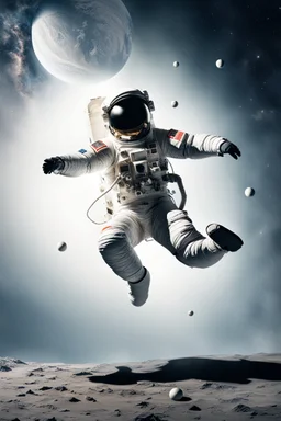 An astronaut is sitting wide legs on a ball, side view, nearly falling off, arms in the air,.looking frightened