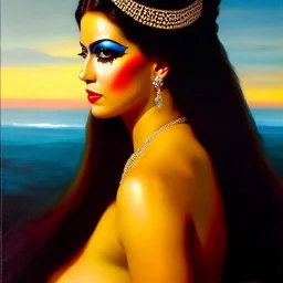 portrait of beautiful busty Queen of Carnaval painting by Brom , oil on canvas, cinematic composition, extreme detail,fit full head inside picture