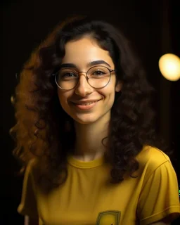 Jeune femme au sourire éclatant, longue et élancée, nez fin et petit, cheveux noirs, longs, bouclés et volumineux, porte de grandes lunettes rondes à la monture transparente. Elle porte un t-shirt de couleur jaune moutarde avec une chemise florale transparente. Rembrandt style lighting, 8k, portrait, HD.