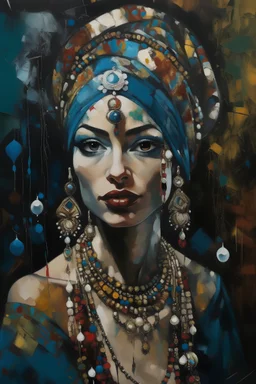 Artistic painting by paintbrush, Portrait of Muslim woman, covered, in turban, loads of hanging crystals around her, heavy makeup, loads of jewellery, painted by in style of Jackson Pollock