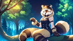 Two Girl, raccoon tail, raccoon ears, sit on tree, night time, forest, raccoon paws in foot, raccoon hand, raccoon legs.