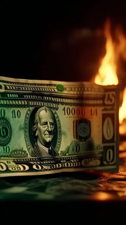 A hyperrealistic shot of 100 dollars bills are burning intricate details, soft natural light, screen captured from 4K Blu-ray